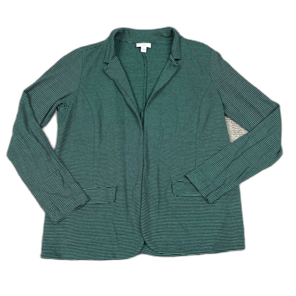 J Jill Cardigan Sweater Womens Small Green Black Linen Blend Open Front Striped